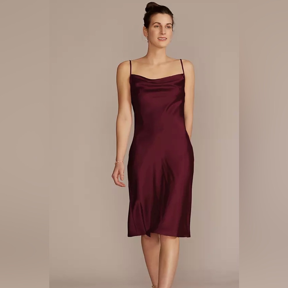David’s Bridal Studio Elegant MIDI Charmeuse Slip Dress | 14 | Wine | Preowned